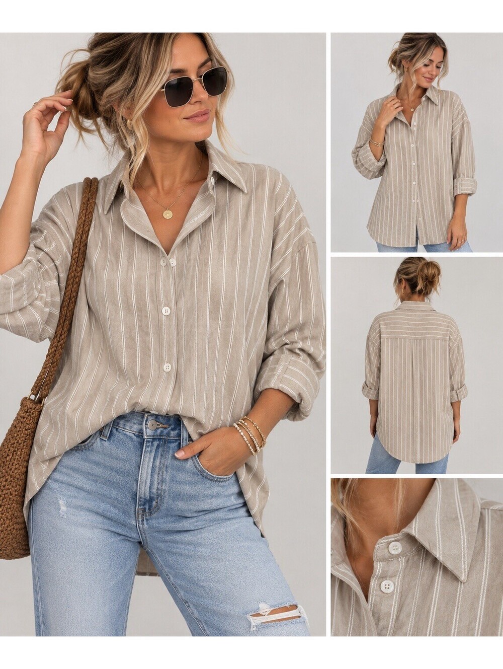 Zara Women S Oversized Striped Button Down Shirt Taupe Ecru High Low Relaxed